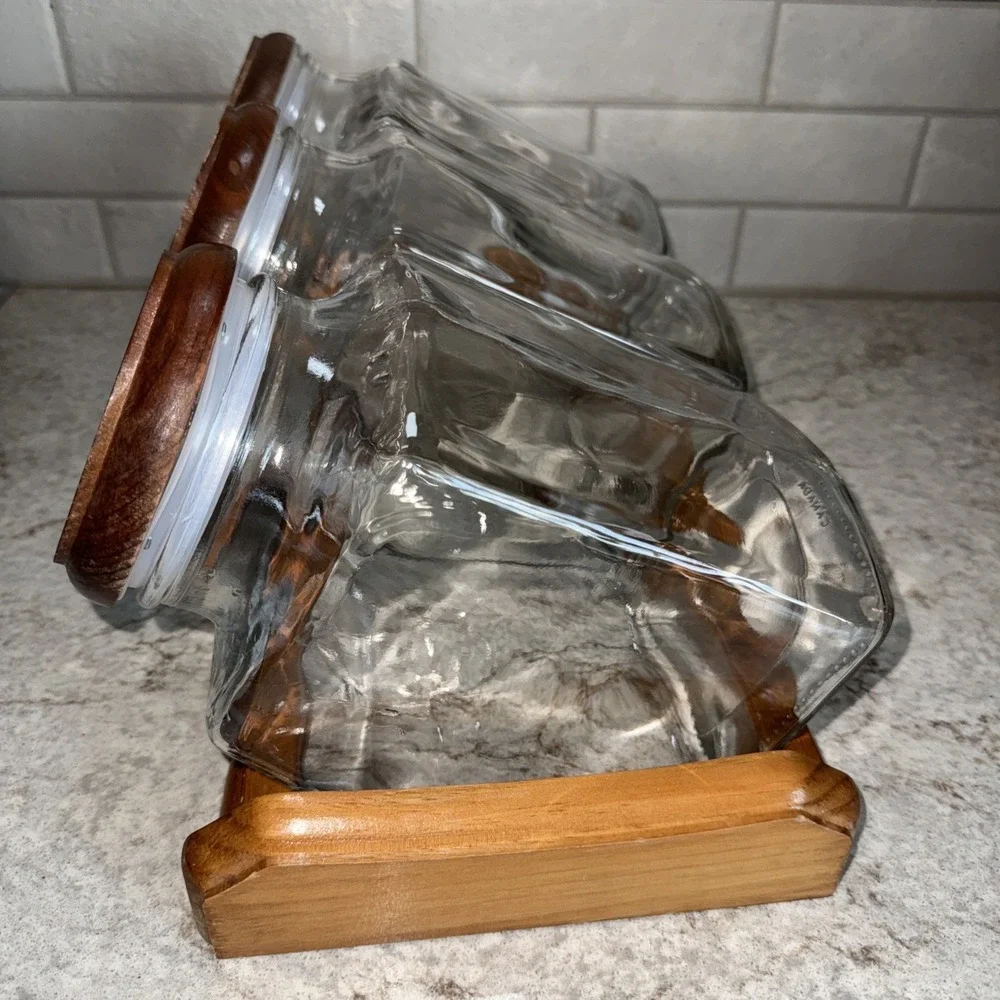 Vtg Glass 3 Canister Set Blue Heart Wood Top Counter Rack Farmhouse Kitchen